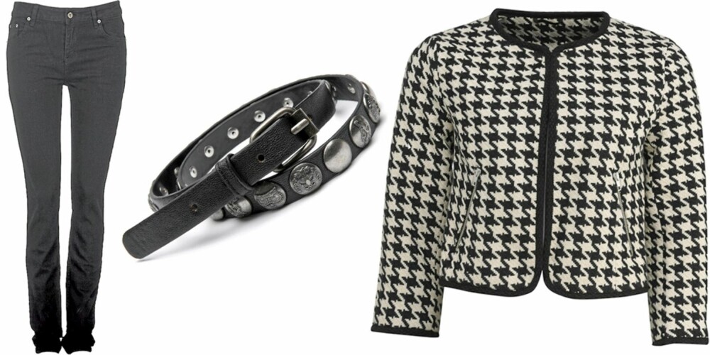 FRA VENSTRE: Bukse fra Cubus (kr 299), belte fra Mango (kr 239), Chanelinspirert jakke fra H&M (kr 299). FRA VENSTRE: Bukse fra Cubus (kr 299), belte fra Mango (kr 239), Chanelinspirert jakke fra H&M (kr 299).