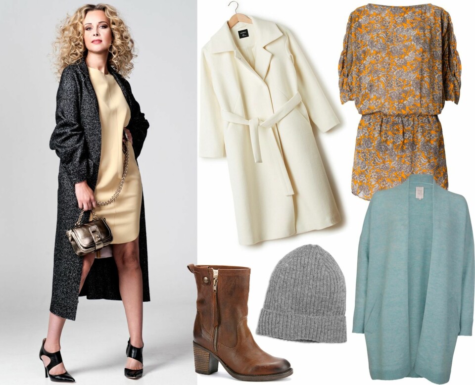 ANNE METTE HAR PÅ SEG: Kjole fra by Malene Birger, kr 1999. Kåpe fra Bik Bok, kr 799. Sko fra Pair, kr 2400. Veske fra Manon, kr 3600. PRODUKTFORSLAG: Sko fra Eurosko, kr 1499. Kåpe fra Lindex, kr 1299. Lue fra Lindex, kr 99. Kjole fra Ganni, kr 1499. Ulljakke fra Vivikes, kr 599.