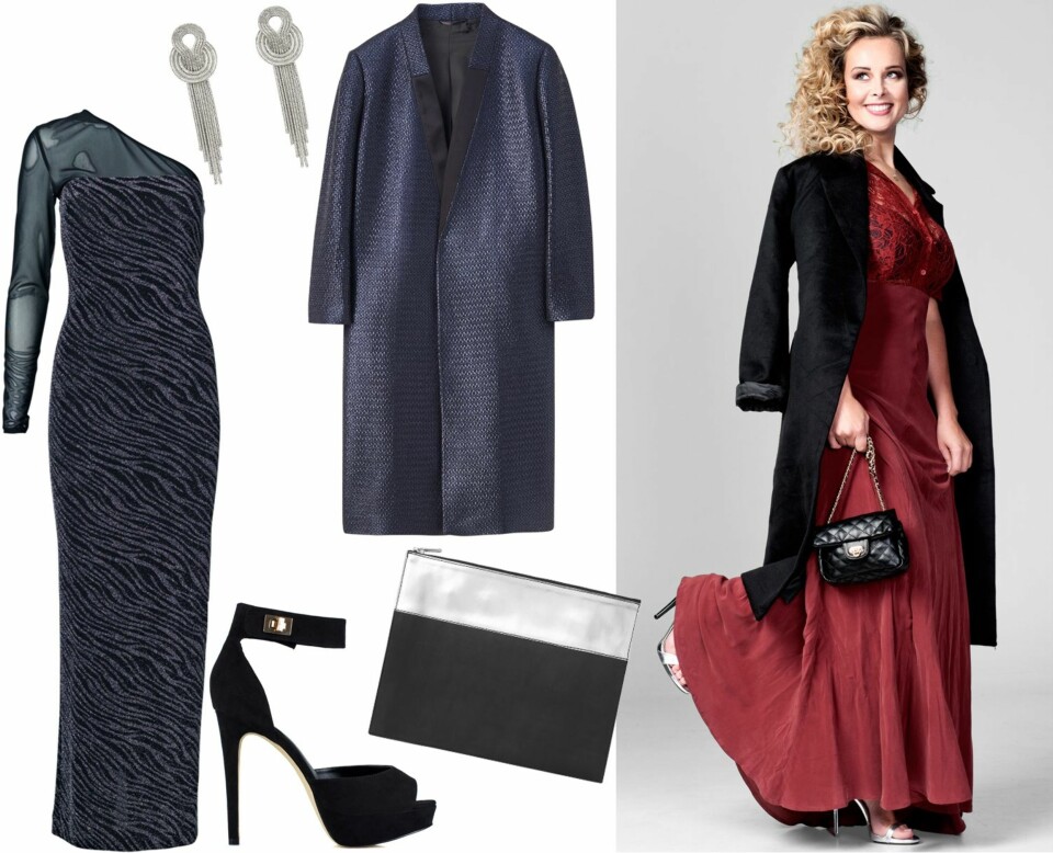 PRODUKTFORSLAG: Kjole fra By Malene Birger, kr 2899. Øredobber fra Laura Bochinc, kr 3800. Sko fra Nelly.com, kr 399. Kåpe fra Filippa K, kr 3900. Veske fra COS, kr 865. ANNE METTE HAR PÅ SEG: Kjole fra Ganni, kr 2999. Sko fra Zara, kr 599. Veske fra Bik Bok, 199. Kåpe fra Bik Bok, kr 599.