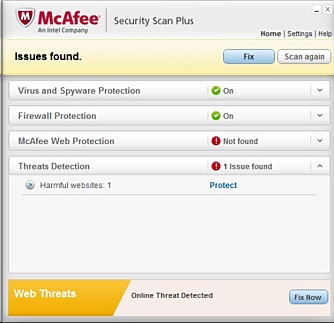 SKANNER: McAfee Security Scan sjekker PC-en din for virus, men ser også etter andre sårbarheter. Merk at programmet ønsker at du skal kjøpe en fullversjon for full beskyttelse.