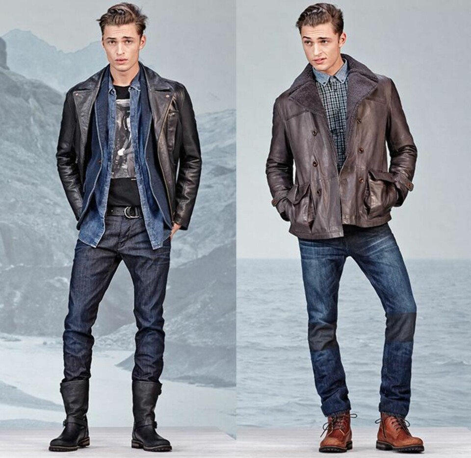 Alle designere med respekt for seg selv inkluderer skinnjakker i sine kolleksjoner. Her er fra Boss Orange AV2014/2015.