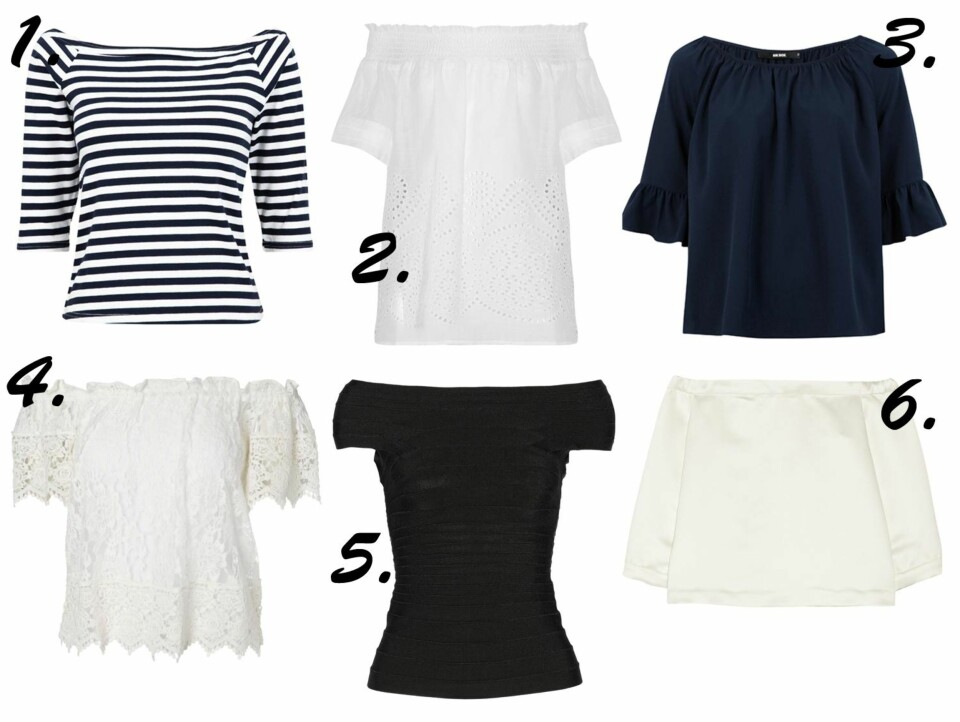 SKULDRE I FOKUS: 1. Genser med striper fra Bik Bok, kr 179. 2. Hvit topp med blonder fra Collette By Collette Dinnigan, kr 2990. 3. Mørkeblå genser fra Bik Bok, kr 179. 4. Blondetopp fra Vero Moda, kr 299. 5. Svart bandasjetopp fra Hervé Léger. 6. Hvit satengtopp fra Tibi, kr 4139.