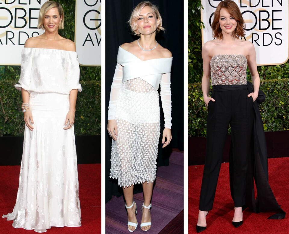 DEN NYE KLØFTA: Denne våren er det skuldrene som skal stå i fokus, for en delikat og minimalistisk look. Fra venstre: Skuespiller Kristen Wiig på den røde løperen under årets Golden Globe, iført en fotsid, hvit kjole med bare skuldre. I midten: Sienna Miller i en hvit kjole fra Balenciaga. Til høyre: Skuespiller Emma Stone på den røde Golden Globe-løperen. Også hun med skuldrene bare, med et såkalt «off the shoulder»-snitt på toppen.