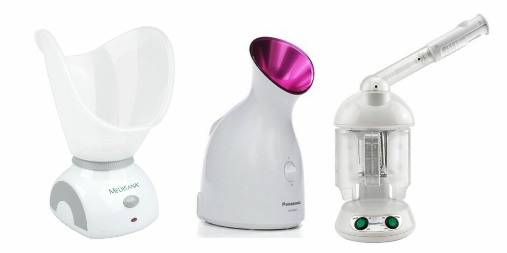 ANSIKTSDAMP: Facial steamers brukes under de fleste profesjonelle hudpleiebehandlinger, så da må de vel være fin å ha hjemme også - eller? Facial Sauna fra Medisana, kr 499, Nano Spa Quality Facial Steamer fra Panasonic, ca kr 1535 ($179), RejuvaMist Facial Steamer fra Lash M, ca kr 514 ($59.99).