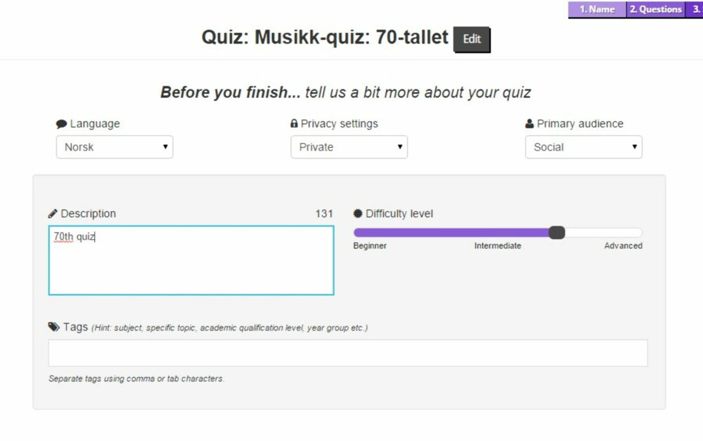 OFFENTLIG QUIZ: Skal quizen din være offentlig, bør du legge til litt informasjon om hva den handler om. OFFENTLIG QUIZ: Skal quizen din være offentlig, bør du legge til litt informasjon om hva den handler om.