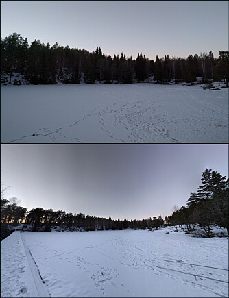 FORSKJELL: Man får naturlig nok med mer av omgivelsene om man bruker en panoramafunksjon som kan kombinere flere rader med bilder. Det øverste bildet er tatt på vanlig måte, mens det underste er ni bilder kombinert til ett.