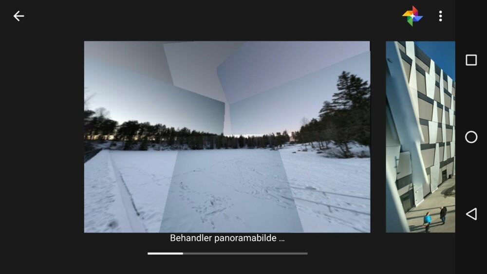 Når du trykker på galleriknappen oppe i høyre hjørne vil Google Camera begynne å behandle bildet, altså prøve å stifte det sammen på best mulig måte.
Når bildet er ferdig lagres det som et vanlig bilde du kan se på på vanlig måte i mobilen din. Når du trykker på galleriknappen oppe i høyre hjørne vil Google Camera begynne å behandle bildet, altså prøve å stifte det sammen på best mulig måte.
Når bildet er ferdig lagres det som et vanlig bilde du kan se på på vanlig måte i mobilen din.