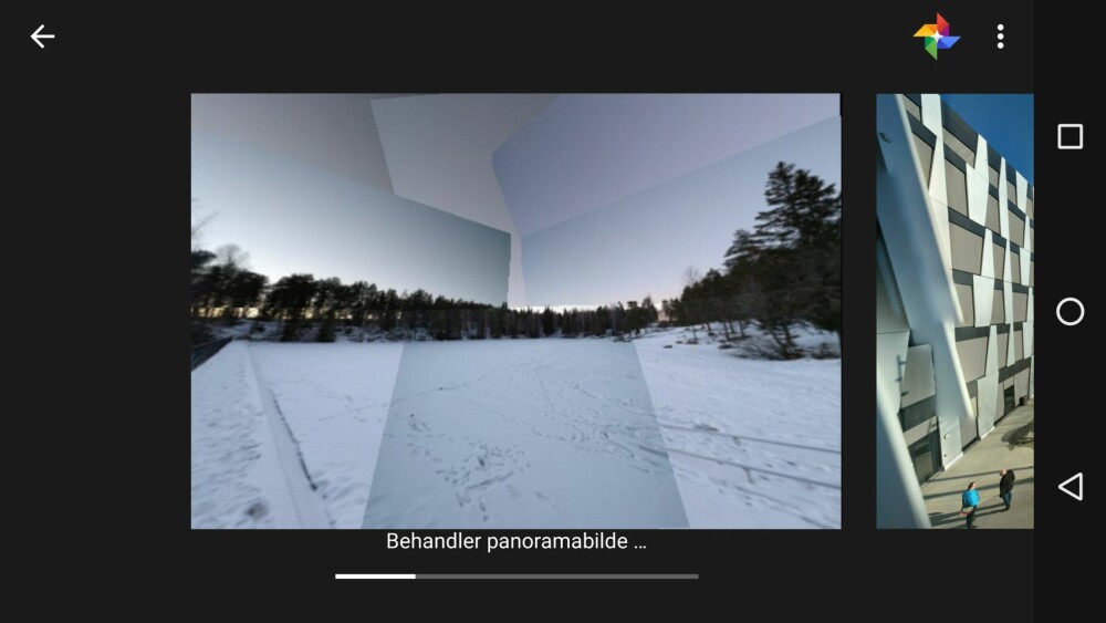 Når du trykker på galleriknappen oppe i høyre hjørne vil Google Camera begynne å behandle bildet, altså prøve å stifte det sammen på best mulig måte.
Når bildet er ferdig lagres det som et vanlig bilde du kan se på på vanlig måte i mobilen din.