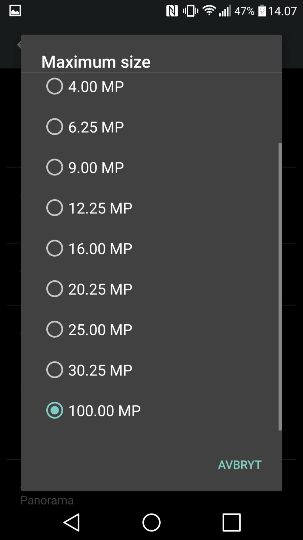 Finn innstillingen for «Maximum size» og sett denne til 100.00 MP. Da hindrer du appen i å nedskalere det ferdige bildet (med mindre det blir over 100 megapiksler stort).