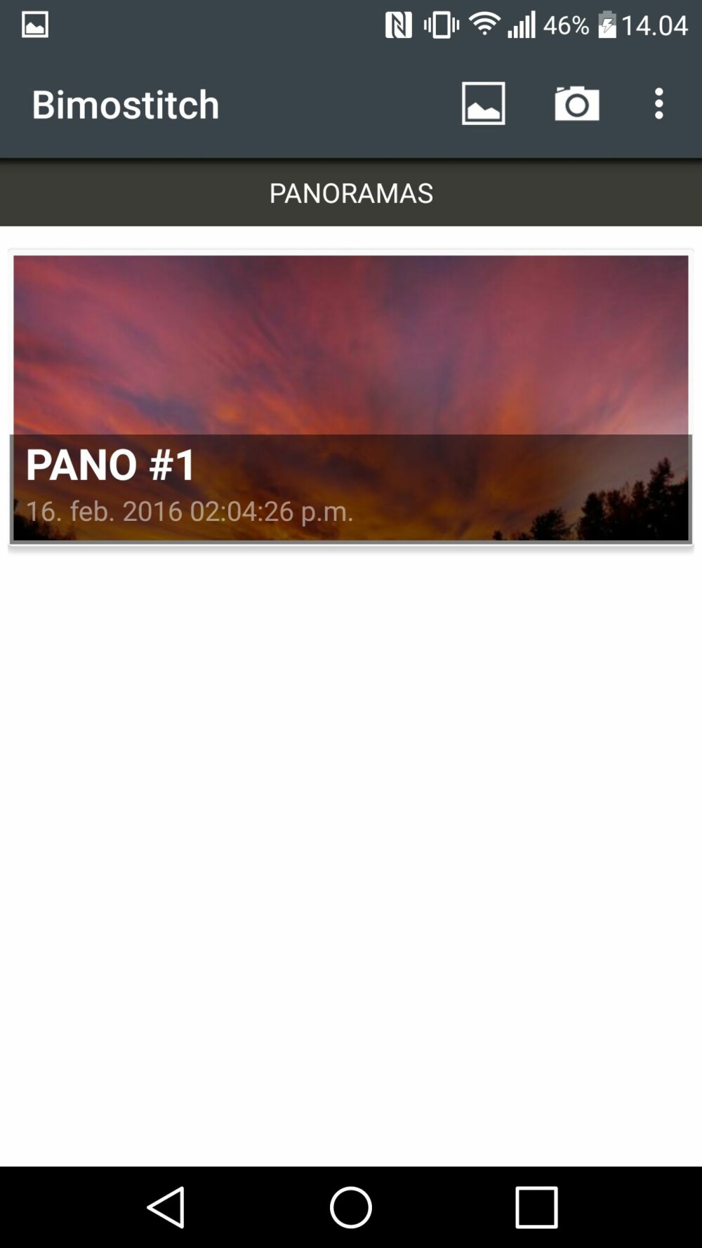 Når stiftingen er ferdig vil bildet plasseres på startskjermen i appen og få navnet «PANO #1». Trykk på det for å se det ferdige bildet. Når stiftingen er ferdig vil bildet plasseres på startskjermen i appen og få navnet «PANO #1». Trykk på det for å se det ferdige bildet.