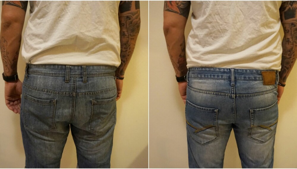 BRED RUMPE: Jeansen til venstre på bildet gjør at rumpa ser bredere ut, mens jeansen til høyre har motsatt effekt - ser du hvorfor?