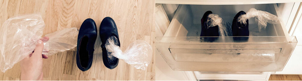 Først: Fyll to brødposer med 1/4 vann. Legg i skoene, la dem stå i fryseboksen til vannet har frosset til is.