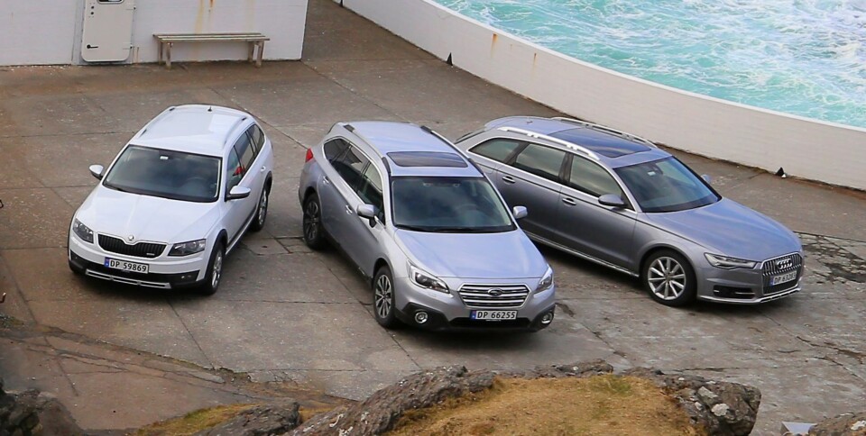BIL FOR NORGE: Under kan du lese enkelttester av Skoda Octavia Scout, Subaru Outback og Audi A6 Allroad. Bildet er fra en trebilstest i Vi Menn Bil TopGear nummer 3 2015. FOTO: Terje Bjørnsen