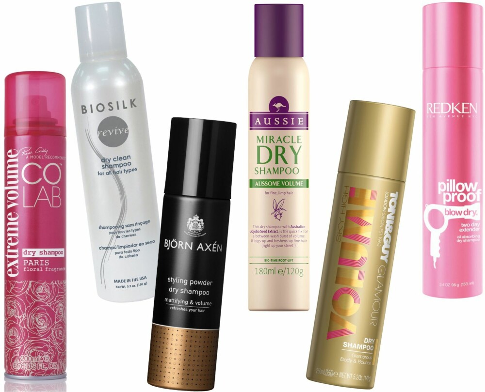 DIVERSE TØRRSJAMPOER (f.v.): Colab Extreme Volume Dry Shampoo Paris, kr 85. Biosilk Dry Clean Shampoo, kr 199. Bjørn Axén Styling Powder Dry Shampoo, kr 149. Aussie Miracle Dry Shampoo Aussome Volume, kr 149. Toni & Guy Glamour Sky High Volume Dry Shampoo, kr 149. Redken Pillow Proof Dry Shampoo, kr 279. DIVERSE TØRRSJAMPOER (f.v.): Colab Extreme Volume Dry Shampoo Paris, kr 85. Biosilk Dry Clean Shampoo, kr 199. Bjørn Axén Styling Powder Dry Shampoo, kr 149. Aussie Miracle Dry Shampoo Aussome Volume, kr 149. Toni & Guy Glamour Sky High Volume Dry Shampoo, kr 149. Redken Pillow Proof Dry Shampoo, kr 279.