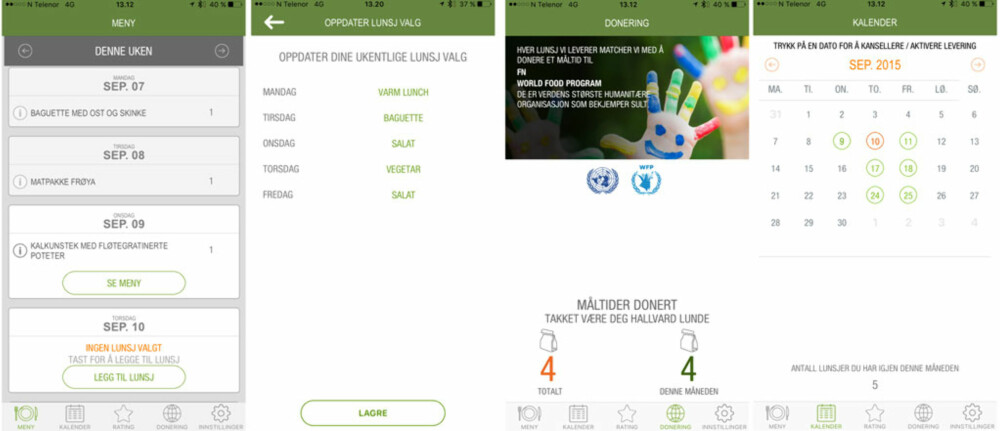 LUNSJ-APP: Noen skjermbilder fra appen til LunchFarm som viser hvordan den ser ut. LUNSJ-APP: Noen skjermbilder fra appen til LunchFarm som viser hvordan den ser ut.