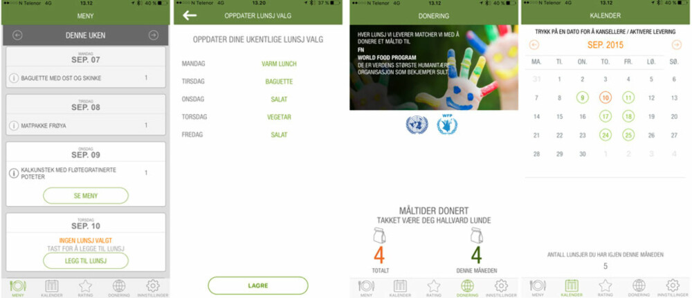LUNSJ-APP: Noen skjermbilder fra appen til LunchFarm som viser hvordan den ser ut.