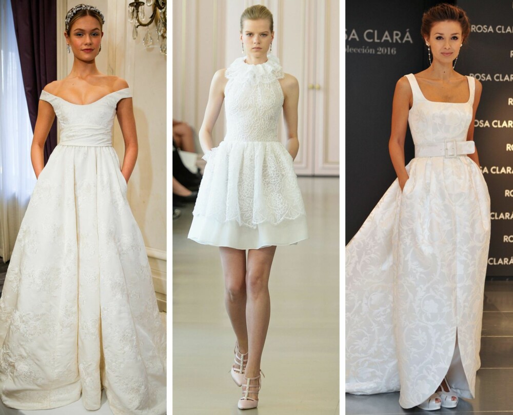 BRUDEKJOLE MED LOMMER (f.v.): Marchesa Bridal SpringSummer 2016, Oscar De La Renta Bridal SpringSummer 2016 og 2015 Pronovias Bridal Collection. BRUDEKJOLE MED LOMMER (f.v.): Marchesa Bridal SpringSummer 2016, Oscar De La Renta Bridal SpringSummer 2016 og 2015 Pronovias Bridal Collection.