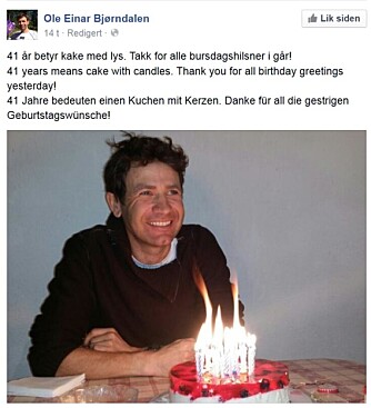 BLID KAR: Ole Einar Bjørndalen la ut dette bildet på Facebook fra sin egen fødselsdag.