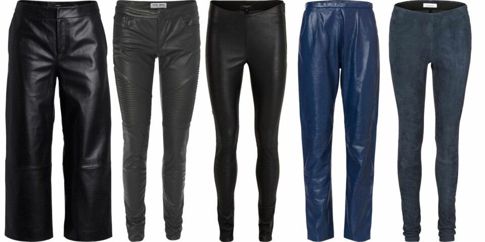 HØSTENS RÅESTE SKINNBUKSER I FAKE OG EKTE SKINN: I imitert semsket skinn (kr 299, Gina Tricot), i imitert skinn (kr 449, Vero Moda), skinny modell i skinn (kr 3099, Selected Femme), i mørkeblått skinn (kr 2999, Ganni) og i semsket skinn (kr 4955, Samsøe Samsøe).
