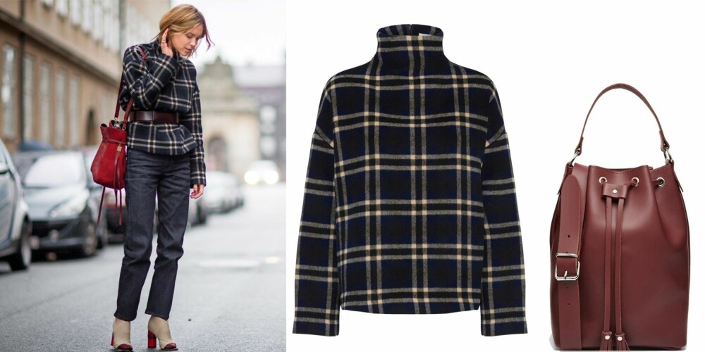 FIN FASONG: Gi den firkantede genseren mer fasong ved å feste et bredt belte i midjen. Genser med høy hals (kr 2199, Ganni) og skinnveske (kr 1620, Asos). FIN FASONG: Gi den firkantede genseren mer fasong ved å feste et bredt belte i midjen. Genser med høy hals (kr 2199, Ganni) og skinnveske (kr 1620, Asos).