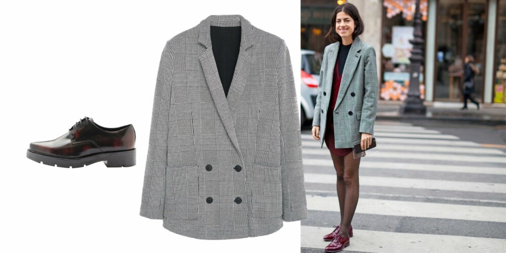 MACHOFEMININ: Den rutete blazeren og de herreinspirerte skoene blir straks mer feminine med en kort minikjole til. Blazer (kr 599, Mango) og herreinspirerte sko (kr 1099, Bianco).