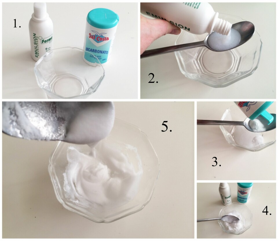 BLEKEMIDDEL: 1. Du trenger en skål, tre prosent hydrogenperoksid, natron og et par q-tips. 2. Hell i én spiseskje med hydrogenperoksiden, 3. Tilsett cirka to og en halv spiseskjeer med natron, 4. Rør godt sammen. 5. Til du får en jevn og tykk pasta som ikke drypper for mye.