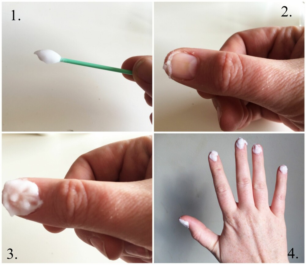 STEG FOR STEG: 1. Påfør blekemiddelet på en q-tips, 2. Begynn med å jobbe inn blandingen under neglene, 3. Plasser rikelig over neglene og gni gjerne lett for en skrubbe-effekt, 4. Vent i tre til fem minutter før du skyller av med varmt vann, og vasker hendene godt med såpe.