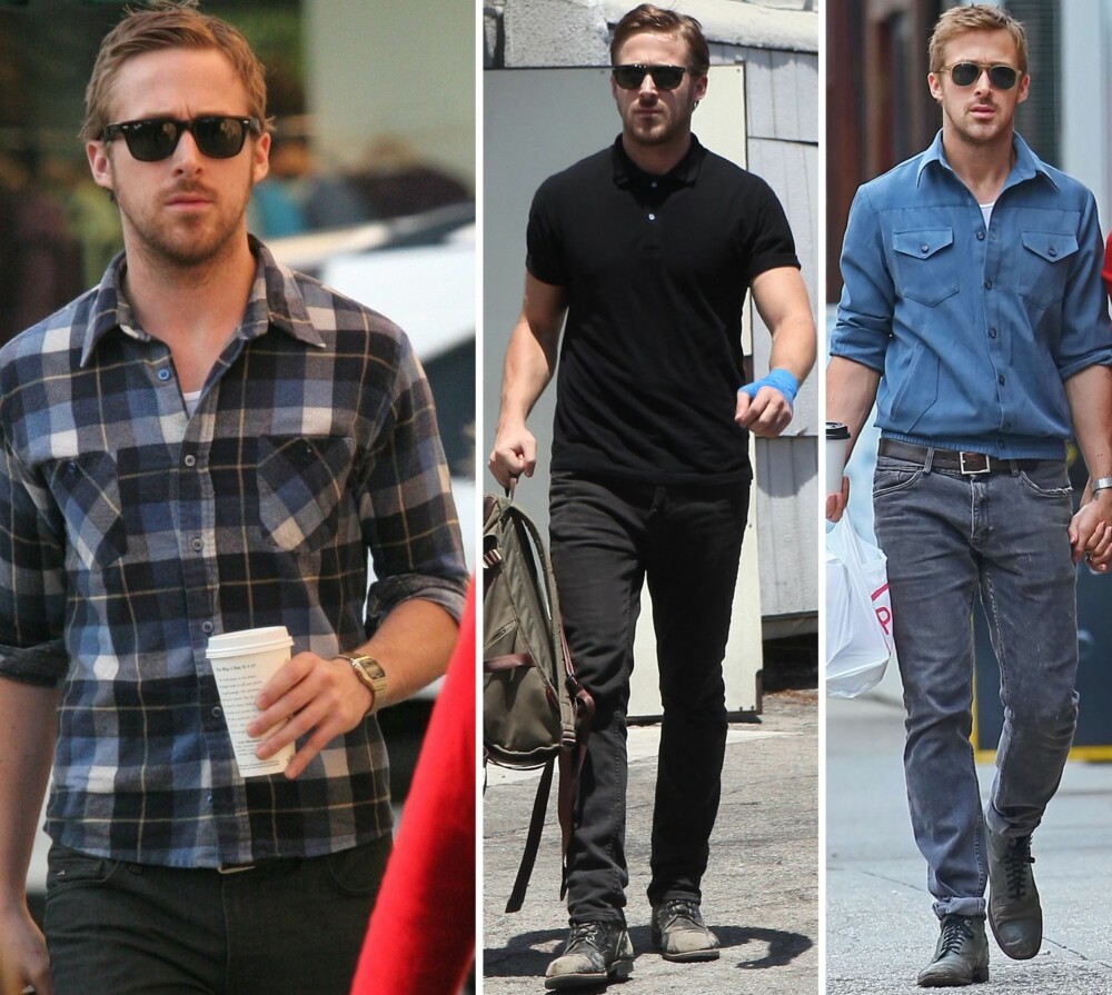 BRETTET NED: It-mann og skuespiller Ryan Gosling er kjent for å ha en casual klesstil - enkel og stilren. Selv går han for den hverdagslige skjortekragen ned.