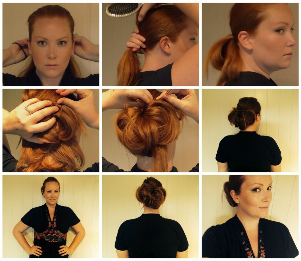 MESSY CHIGNON: 1. Lag en lav hestehale som er ekstra stram ved ørene. 2. Øk volum ved krona. 3. Begynn å lage en hestehale, men ikke dra håret helt igjennom på siste runde. 4. Legg knuta rundt nederste delen av hodet og fest med hårnåler som vist i videoen. 5. Tvinn håret som er til overs rundt chignonen og fest. 6. Pass på at du får litt volum på toppen av hodet.