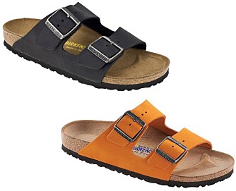 POPULÆRE: Sandalene fra Birkenstock er plutselig blitt velidg trendy, og spesielt modellen Arizona er populære. Den svarte er vanskelig å oppdrive, mens den oransje er en av årets trendfarger. Prisen ligger på 898 kroner.