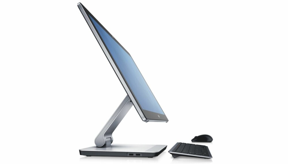 SLANK: Ved å putte mye av maskinvaren i foten i stedet for i skjermen, har Inspiron 2350 blitt en slank og lekker PC.