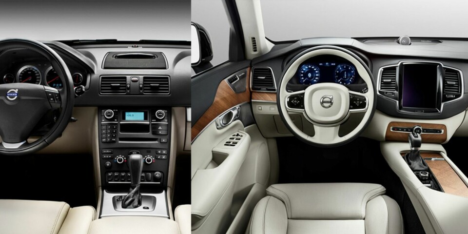 FÆRRE KNAPPER: Nye Volvo XC90 (t.h.) får langt færre knapper enn dagens modell. Knappene erstattes av en diger berøringsskjerm. FOTO: Volvo