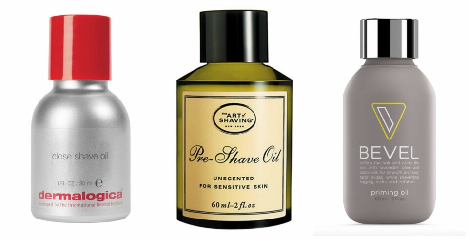 FØR BARBERING: Det finnes et mylder av produkter der ute som hjelper deg til å beskytte huden før du barberer. Prøv for eksempel Close Shave Oil fra Dermalogica (kr. 199), Pre Shave Oil fra The Art of Shaving (kr. 149) eller Priming Oil fra Bevel (fullt kit fra 59,95 dollar, bestilles fra Bevel).