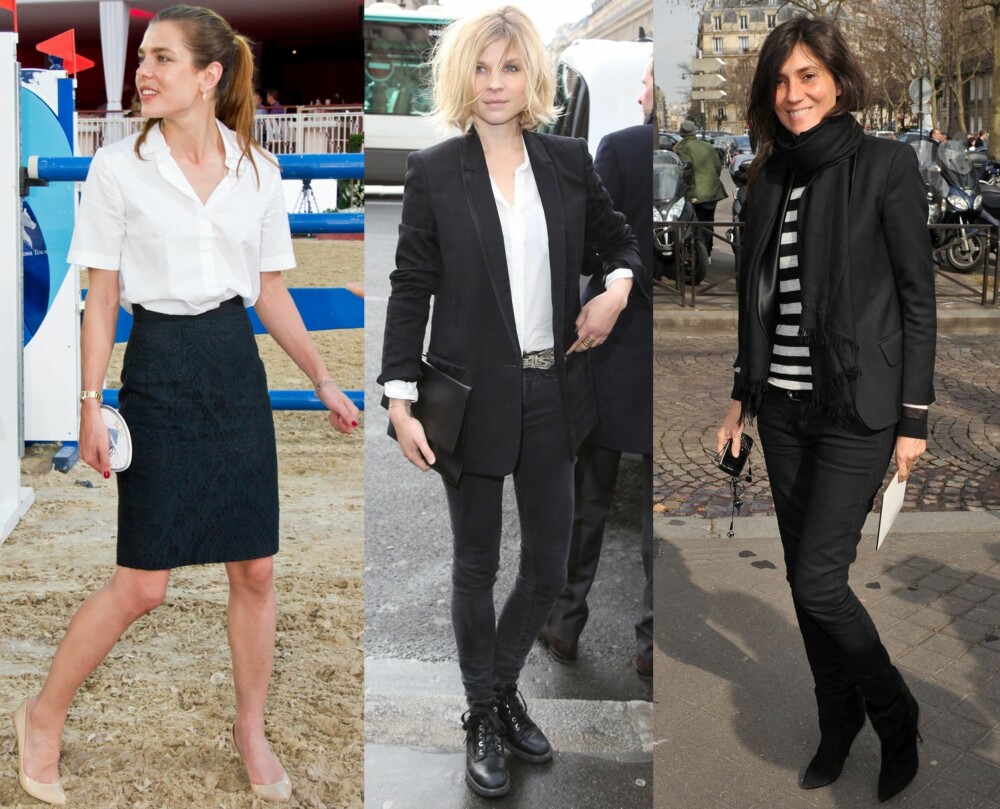 SVART OG HVITT: Franske kvinner bruker lite farger, og en gjenganger og alltid vinner er kombinasjonen svart og hvitt. Fra venstre: Charlotte Casiraghi, Clémence Poésy og Emmanuelle Alt.