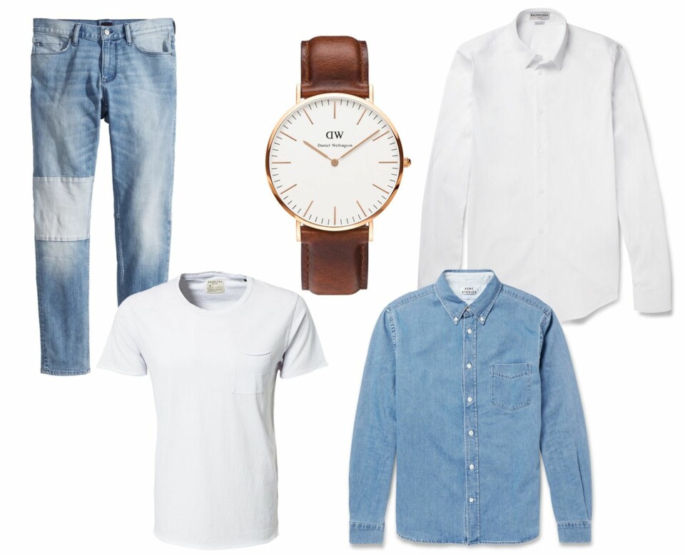 HERREKLÆRNE JENTER KAN BRUKE: Jeans fra H&M, kr 399. Klokke fra Daniel Wellington, kr 1649. Skjorte fra Balenciaga, kr 2381 hos net-a-porter.com. T-skjorte fra Selected Homme, kr 199. Denimskjorte fra Acne, kr 1295.