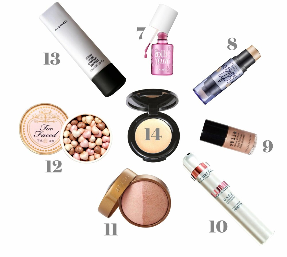 7. Benefit Lollitint. 8. Benefit Watts Up. 9. Stila All Over Shimmer. 10. L'oreal Lumi Magique Base. 11. Stila Baked Cheek Duo. 12. Too Faced Sweetheart Beads. 13. Mac Strobe Cream Hydrant Lumineux.