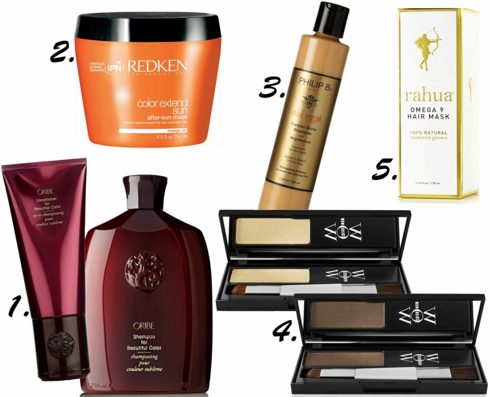 GODE PRODUKTER: 1. Oribe For Beautiful Color, kr 390 for balsam og kr 380 for sjampo. 2. Til syden i høst? Pakk ned Redken Color Extend Sun After-sun Mask, kr 414. 3.Philip B Forever Shin Shampoo, kr 619. 4. Jukse litt? Smink mørk eller lys ettervekt med Color Wowe Root Cover Up i fargene Blonde eller Light Brown, kr 300. 5. Gi høsthåret nytt skinn med Rahua Omega 9 hårmaske, kr 516.