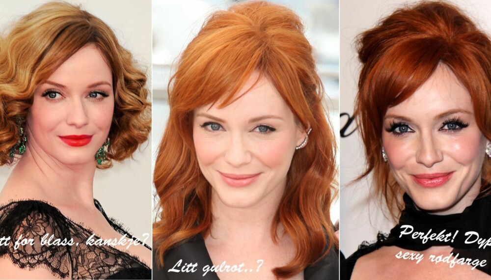 STOR FORSKJELL: Skuespilleren Christina Hendricks har prøvd flere rødfarger på håret sitt - og det er stor forskjell på resultatet!