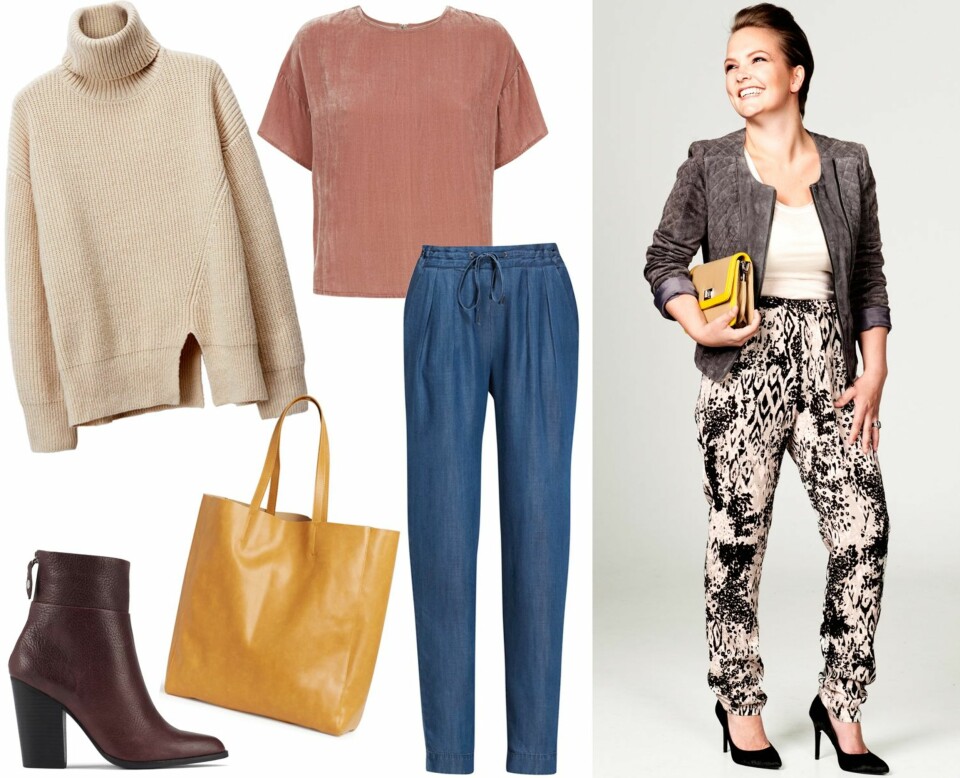 PRODUKTFORSLAG: Genser H&M, kr 499. Sko fra Aldo, kr 1299. Veske fra Lindex, kr 199. Topp fra Haaning&Htoon, kr 1200. Bukse fra Ellos, kr 399. KRISTINE HAR PÅ SEG: Bukse fra Soaked in Luxury, kr 599. Topp fra With&Wessel, kr 799. Jakke fra Soaked, kr 1599. Veske fra Cecilie Melli, kr 900. Sko fra Bianco, kr 899.