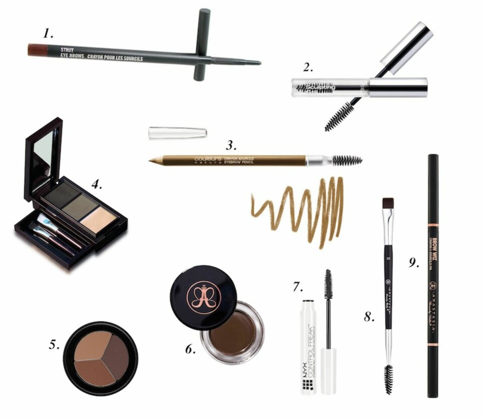 ØYENBRYNSSMINKE: Produkter brukt i video - 1. Eye Brows Crayon i fargen Strut fra MAC (kr 160), 2. Brow Sculpting Gel fra Ardell (kr 89), 3. Øyenbrynsblyant fra Yves Rocher (kr 69), 4. Beauty Eye Brow Kit fra Oriflame (kr 159), Ekstra produkforslag - 5. Tri Brow i fargen Brown fra Make Up Store (kr 185), 6. Dip Brow Pomade i fargen Deep Brown fra Anastasia (kr 245), 7. Control Freak Eye Brow Gel fra Nyx (kr 95), 8. Brush Duo Brow-Liner #20 fra Anastasia (kr 245), 9. Brow Wiz fra Anastasia (kr 219).