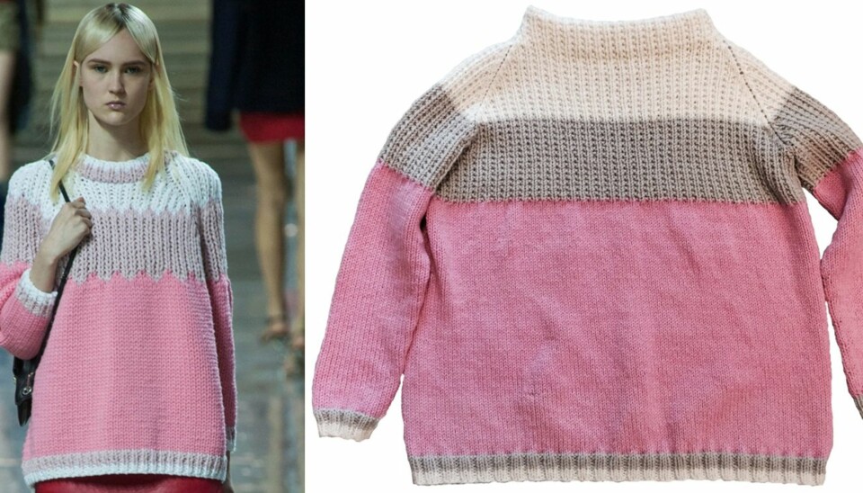 ORIGINALEN OG KOPIEN: Miu Miu sin vakre strikkegenser kan du lett strikke selv!