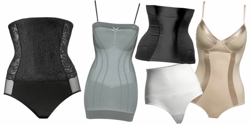 FRA VENSTRE: Body fra Playtex (kr 399), Body fra Triumph (kr 299), korsett fra Lindex (kr 349), hold-in truse fra Lindex (kr 179), body fra Ellos (kr 299). FRA VENSTRE: Body fra Playtex (kr 399), Body fra Triumph (kr 299), korsett fra Lindex (kr 349), hold-in truse fra Lindex (kr 179), body fra Ellos (kr 299).