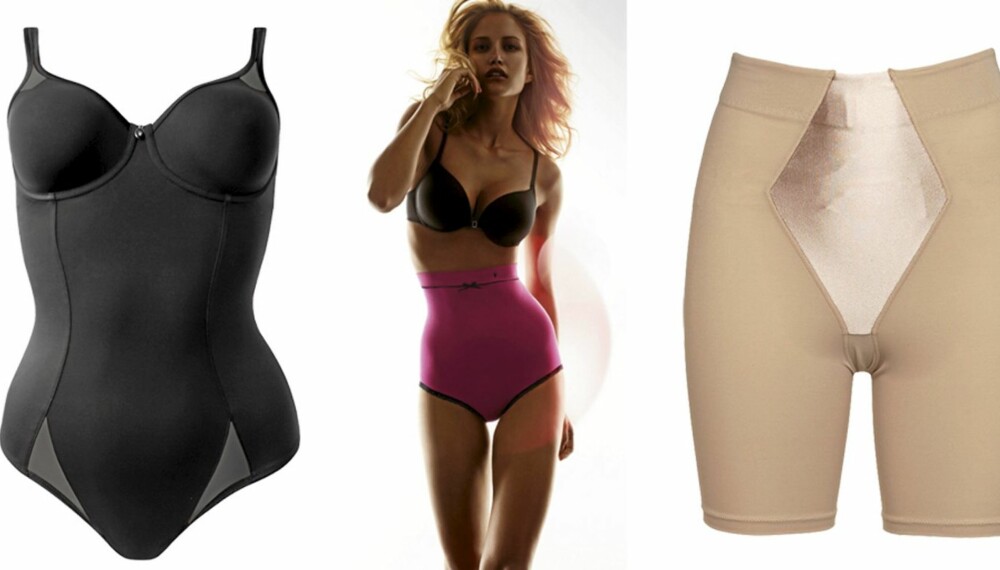 FRA VENSTRE: Body fra Triumph (kr 599), BH fra Triumph (kr 299), høy truse fra Triumph (kr 229) og panty fra Lindex (kr 399).