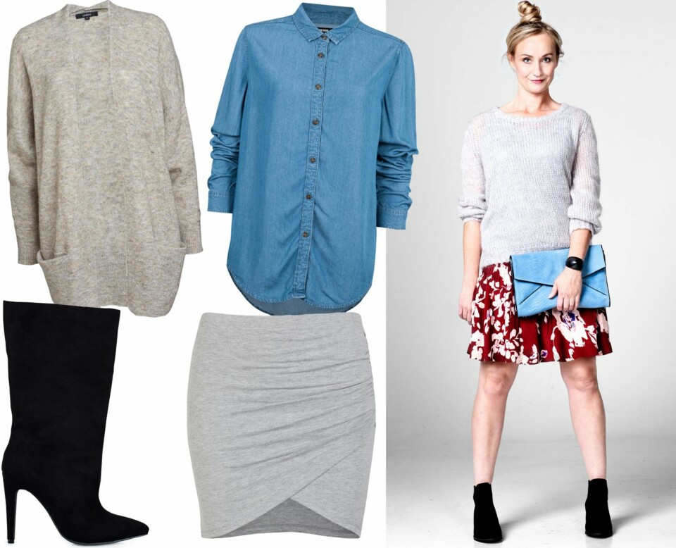PRODUKTTIPS: Sko fra Nelly, kr 499. Strikkejakke fra Lindex, kr 299. Skjørt fra Bik Bok, kr 129. Skjorte fra Bik Bok, kr 299. ANNE CATHRINE HAR PÅ SEG: Skjørt fra Ganni, kr 949. Sko fra Bianco, kr 1099. Veske fra Ganni, kr 1499. Strikkegenser fra Bik Bok, kr 299.
