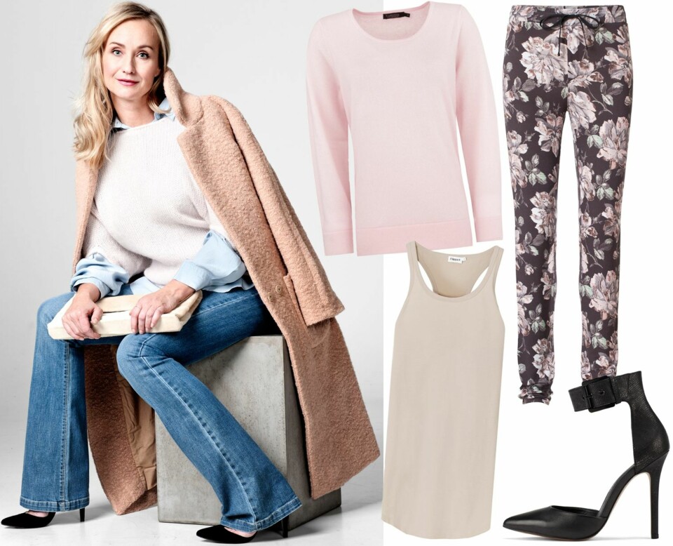 ANNE CATHRINE HAR PÅ SEG: Strikkegenser fra IBEN, kr 1199. Jeans fra Mardou & Dean, kr 1700. Veske fra Magmalou, kr 2349. Kåpe fra Ganni, kr 2599. Sko fra H&M, kr 250. Bluse fra Ganni, kr 1849. PRODUKTFORSLAG: Kasjmirgenser fra Kashmina, kr 1899. Topp fra Filippa K, kr 350. Bukse fra Ganni, kr 949. Sko fra Ald, kr 799.