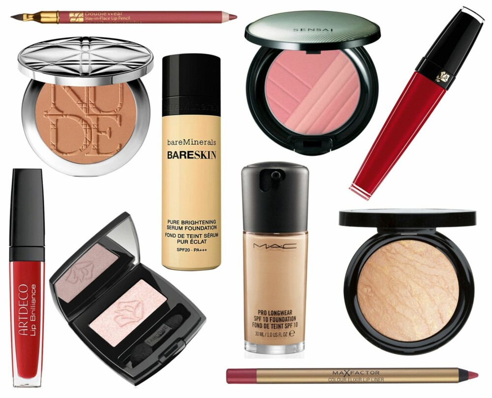 SHOPPINGTIPS: Øverst fra venstre: Double Wear Stay-in-Place Lip Pencil i fargen Pink fra Estée Lauder, kr 210. Diorskin Nude Tan Matte fra Dior, kr 455. bareSkin Pure Brightening Serum Foundation fra bareMinerals, kr 395. Cheek Blush i fargen Usukurenai fra Sensai by Kanebo, kr 365. L'absolu Velours i fargen Velors de Grenade fra Lancôme, kr 270. Lip Brilliance 04 fra ArtDeco, kr 165. Ombre Hypnôse Twinkling Eye Shadow i fargen Sorbet Rose fra Lancôme, kr 255. Pro Longwear SPF10 Foundation fra MAC, kr 279. Baked Bronzing Powder i fargen Golden Sandstorm fra KICKS, kr 149. Colour Elixir Lip Liner Pink Princess fra Max Factor, kr 109. SHOPPINGTIPS: Øverst fra venstre: Double Wear Stay-in-Place Lip Pencil i fargen Pink fra Estée Lauder, kr 210. Diorskin Nude Tan Matte fra Dior, kr 455. bareSkin Pure Brightening Serum Foundation fra bareMinerals, kr 395. Cheek Blush i fargen Usukurenai fra Sensai by Kanebo, kr 365. L'absolu Velours i fargen Velors de Grenade fra Lancôme, kr 270. Lip Brilliance 04 fra ArtDeco, kr 165. Ombre Hypnôse Twinkling Eye Shadow i fargen Sorbet Rose fra Lancôme, kr 255. Pro Longwear SPF10 Foundation fra MAC, kr 279. Baked Bronzing Powder i fargen Golden Sandstorm fra KICKS, kr 149. Colour Elixir Lip Liner Pink Princess fra Max Factor, kr 109.