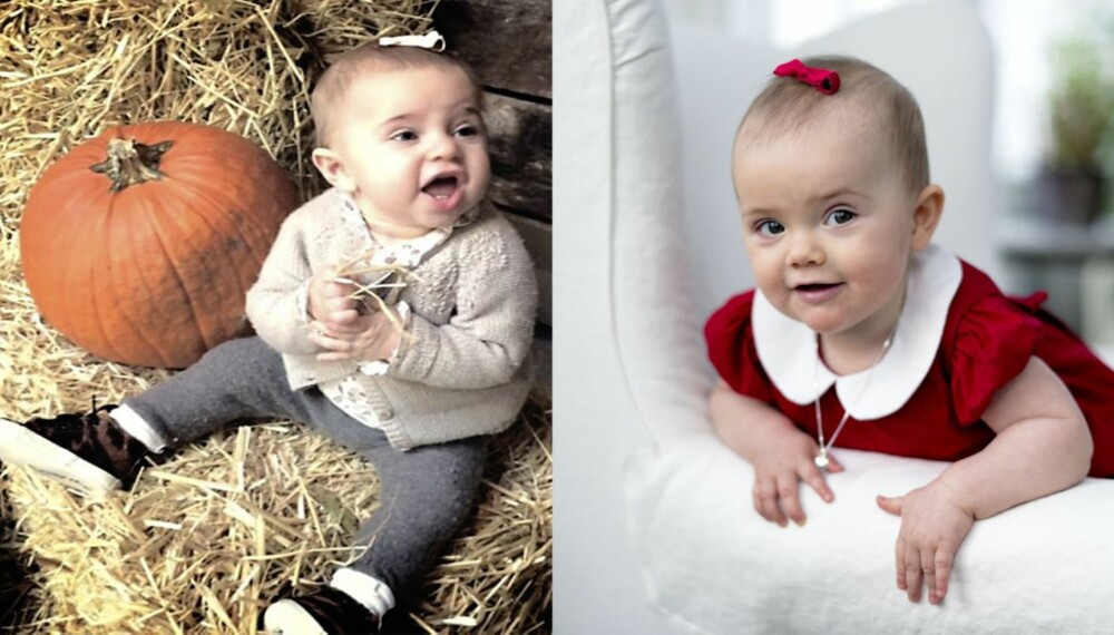 LIKE SØTE PRINSESSER: Mamma Madeleine la ut dette bildet av åtte måneder gamle Leonore på Facebook sist uke. Til høyre ser vi hvordan hvordan Estelle så ut da hun feiret sin første jul 10 måneder gammel for to år siden.