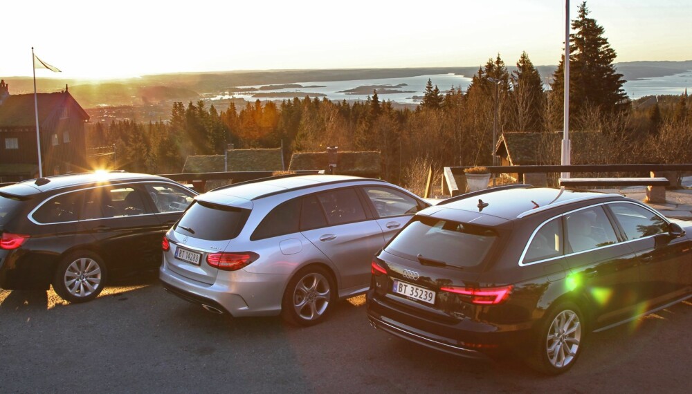 KLAR TIL KAMP: Til start stiller en Audi A4 2,0 TDI quattro, en BMW 320i xDrive og en Mercedes C200 4Matic, alle i stasjonsvognversjon og med automatgir.