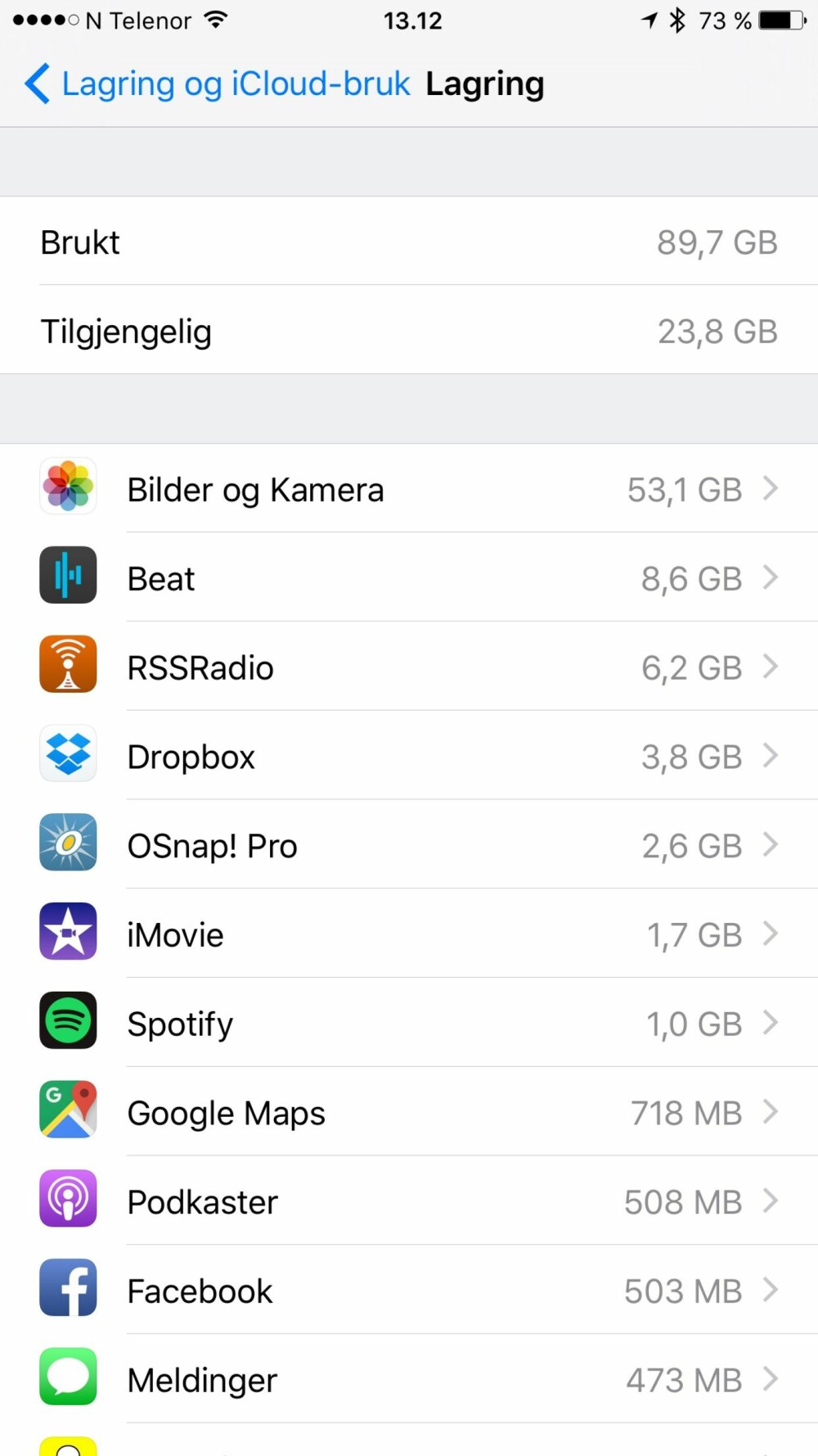 Hva bruker plass på din iPhone? Sjekk hvilke apper som spiser opp lagringsplassen på mobilen din. Slett de du likevel ikke bruker.