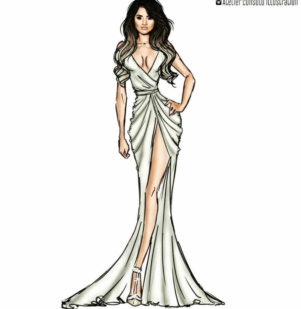 Illustrasjon av Becky G i forslag til kjole til en pristudeling.